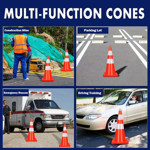 Multi-function use of 28 Inch Traffic Cones 6 Pack PVC Safety Cones With Reflective Collars And Handle Bright Orange Construction Safety Gear