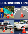 High Visibility Orange Traffic Cones Set Of 10 With Reflective Silver Collars For Construction And Road Work, 28 Inch PVC Safety Cones for multiple uses including parking lots, emergency rescue, and driving training.