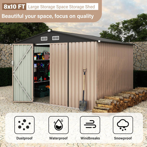 8x10 Ft Metal Outdoor Storage Shed With Sloped Roof, Lockable Door And Air Vents For Backyard, Patio, Lawn, Heavy Duty