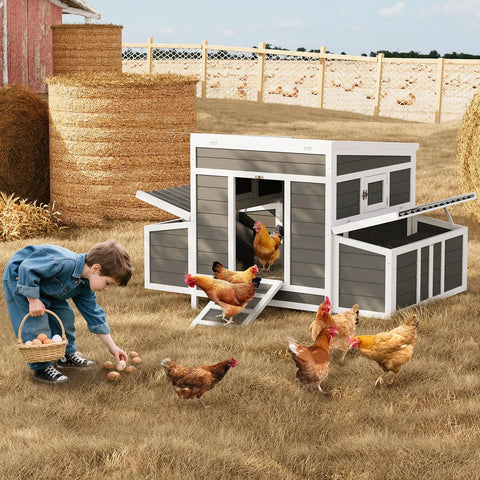 56 Inch Large Chicken Coop With Two Nesting Boxes, Weatherproof Wooden Hen House, farm setting with chickens and child collecting eggs