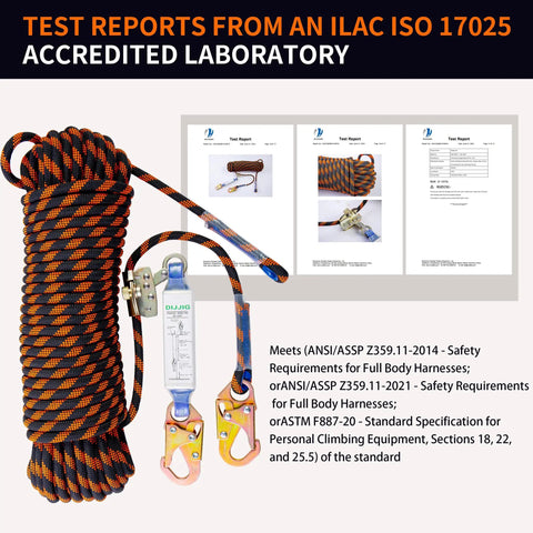 Heavy Duty Roof Safety Rope Lanyard 25Ft With Grab Snap Hooks And Shock Absorber Fall Protection, coiled rope with hooks