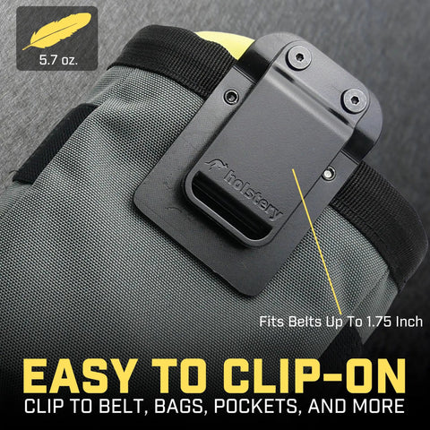 Close-up of clip-on tool belt pouch with built-in light for electricians, carpenters, clamps to belts up to 1.75 inches.