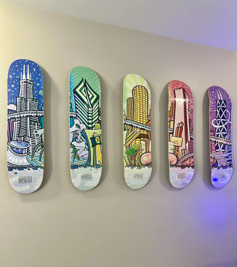 Hella Dope Skateboard Deck Hangers Transparent Floating Display Mount With Adhesive Strips showcasing colorful city-themed decks