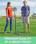 People playing Ladder Toss Game Set with two durable targets, score trackers, six soft rubber bolos, on green grass in backyard.