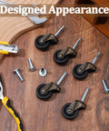 Ten Pack Vintage Brass Stem Caster Wheels With 1-5/8 Inch Rubber Wheels, tools and components for installation shown on wooden surface.
