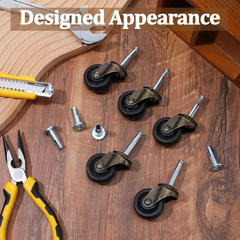 Ten Pack Vintage Brass Stem Caster Wheels With 1-5/8 Inch Rubber Wheels, tools and components for installation shown on wooden surface.