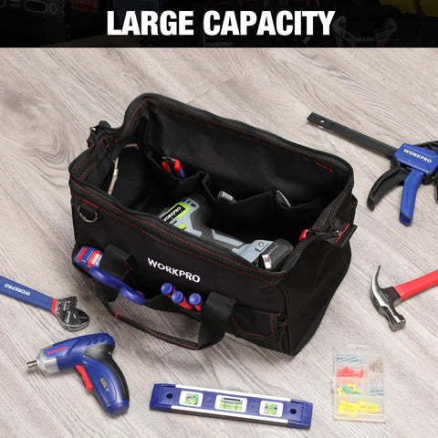 Open 14 Inch Tool Bag With Adjustable Shoulder Strap Multi Pocket Tool Organizer in durable black polyester with tools inside.