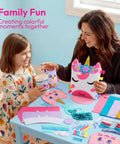 Mother and daughter sewing with Kids Sewing Kit For Beginners: 6 Easy Projects Like Unicorn And Mermaid Pillows on a table.