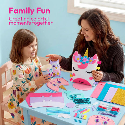 Mother and daughter sewing with Kids Sewing Kit For Beginners: 6 Easy Projects Like Unicorn And Mermaid Pillows on a table.