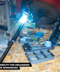 Quad FlexiTray Flexible Tool Tray System For Milwaukee PACKOUT compatible organizer with tools and bolts in workshop.