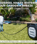 Five Eighth Inch By One Hundred Foot Heavy Duty Retractable Garden Hose Reel With Wall Mount, person using hose on lawn