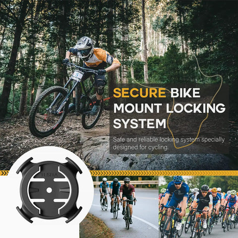 Biker using secure bike mount system in forest, image of 2 In 1 Bike Mount With Quick Release And Quarter Turn, group of cyclists below.