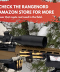 Rifle with scope in snowy field, Rangenord branding, showcasing 12 Gauge Shotgun Shell Holder With 3M Tape, Durable PA12 Plastic Ammo Carrier.