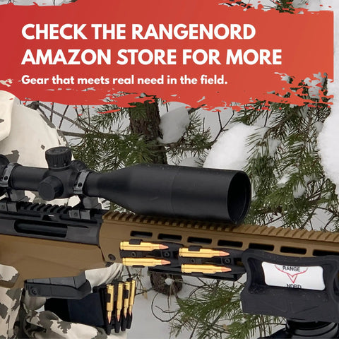 Rifle with scope in snowy field, Rangenord branding, showcasing 12 Gauge Shotgun Shell Holder With 3M Tape, Durable PA12 Plastic Ammo Carrier.