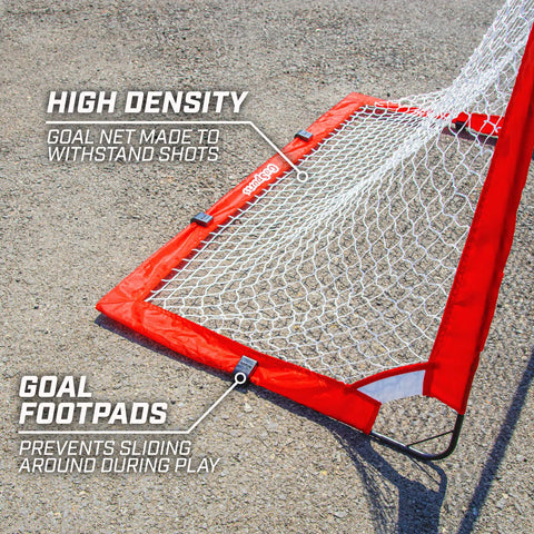 Street Hockey Set With Pop Up Goal Two Wooden Hockey Sticks With Plastic Heads And Two Street Hockey Balls, close-up of goal net corner on pavement