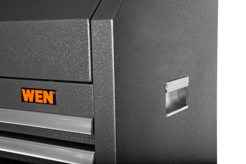 Close-up of a black 42 Inch Premium Tool Chest With Heavy Duty 21 Gauge Powder Coated Steel Construction and soft-close drawer