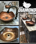 KBS DiamondFinish copper vessel bathroom sink with black faucet installed on granite vanity countertop.