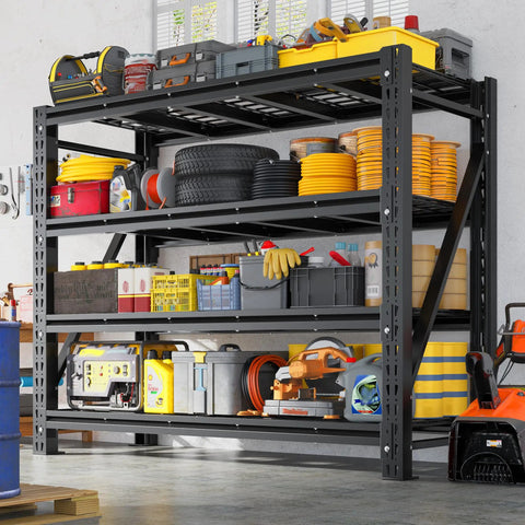 Heavy Duty Garage Shelving Rack With 5000 Lbs Capacity Industrial Steel Storage Shelves For Garage And Shop 60 Inch Wide 72 Inch High 18 Inch Deep beefy steel shelf with tools and bins