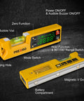Badass Accuracy Magnetic Digital Level And Protractor Angle Finder With Absolute Relative Measurements For Tough Job Sites and Weekend Warriors showing features and buttons.