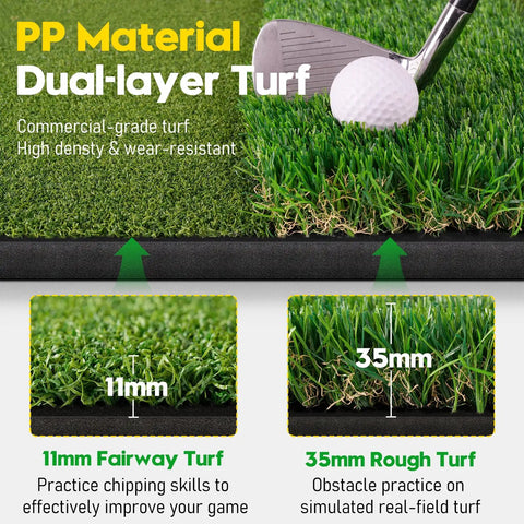 Close-up of Durable 5x4ft Dual Turf Golf Hitting Mat with fairway and rough turf, showcasing layer depth and material details.