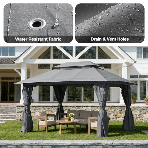 Outdoor Gazebo 10x13 With Mosquito Netting And Privacy Screens, Ventilated Double Roof Canopy Tent For Backyard Patio Garden