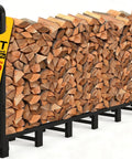 Heavy Duty 8ft Firewood Log Rack For Outdoor Use On Porch Or Backyard Keeps Fire Wood Neatly Stacked, 96 Inch Wide Steel Holder With Ground Clearance And Storage Organizer Black. Image shows neatly stacked log pile in rack.