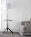 Oil Rubbed Bronze LED Floor Lamp With Built-In End Table next to sofa, 62-Inch Tripod-Style Standing Light, White Linen Drum Shade