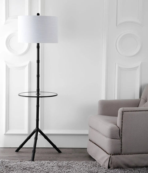 Oil Rubbed Bronze LED Floor Lamp With Built-In End Table next to sofa, 62-Inch Tripod-Style Standing Light, White Linen Drum Shade