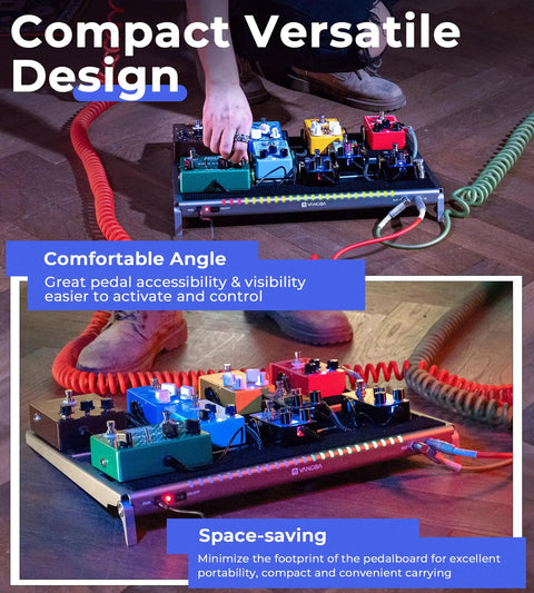 Guitar Pedalboard With Isolated Power Supply, PD-M Aluminum One-Piece Bent Frame, shown with colorful pedals in use