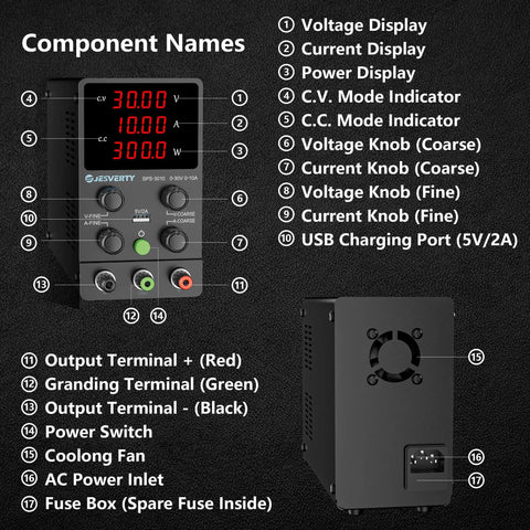 Component diagram of Variable DC Power Supply 0-30V 0-10A, Adjustable Bench Regulated Switching Power Supply with 4-Digit LED Readout