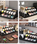 Large 3 Tier Coffee Station Organizer With Drawer, Wooden Countertop Pods Holder, 18 Compartments, Rustic Black in use