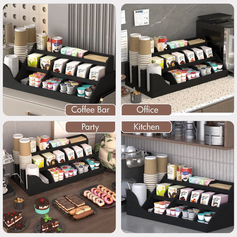 Large 3 Tier Coffee Station Organizer With Drawer, Wooden Countertop Pods Holder, 18 Compartments, Rustic Black in use