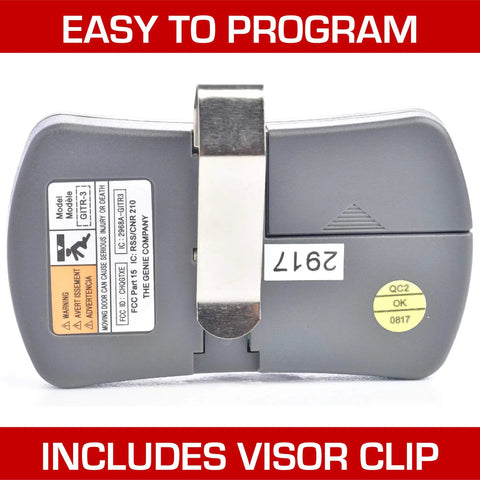 Back view of Three Button Garage Door Opener Remote For Intellicode 390MHz Works With Up To Three Genie Openers Replacement GITR3 with visor clip