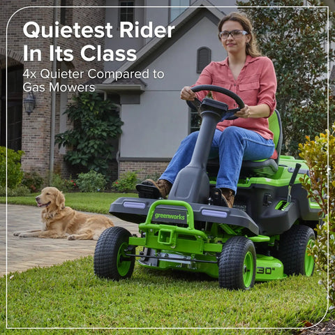 80V 30 Inch Cordless Riding Lawn Tractor With Four 6Ah Batteries And 600W Charger Delivers Gas Like Torque With Zero Emissions For Quiet Low Maintenance Yard Work On Medium Lawns, woman riding green 30-inch mower