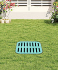 Heavy Duty Catch Basin With Grate And Debris Basket For Yard Drainage And Lawn Downspouts French Drain Systems No Reserved Hole shown installed on lawn