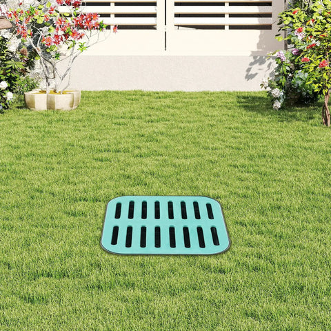 Heavy Duty Catch Basin With Grate And Debris Basket For Yard Drainage And Lawn Downspouts French Drain Systems No Reserved Hole shown installed on lawn