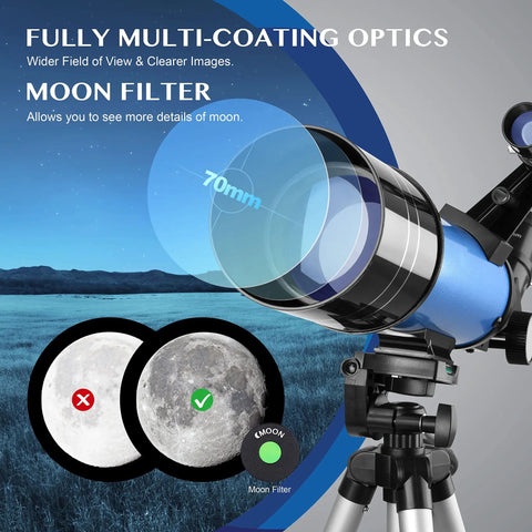70mm Travel Astronomy Telescope With 400mm Focal Length And 70mm Aperture, K6 And K25 Eyepieces, 45 Degree Erect Diagonal, Adjustable Tripod, Phone Adapter, Great For Beginners And Stargazers with moon filter