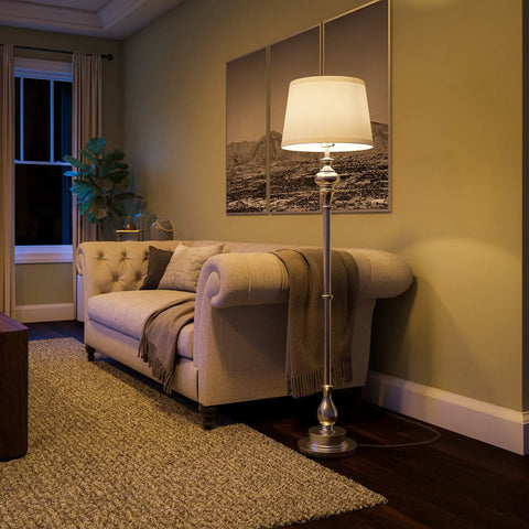 Tall Brushed Steel Floor Lamp With Classic Style, 59 Inch Height, 15 Inch Drum Shade, in elegant living room setting
