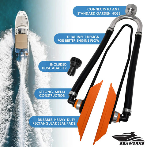 Heavy Duty Steel Boat Motor Flusher With Dual Flow Muff Style Five Eighths Inch Garden Hose Connection Built For Tough Salt Buildup Easy Winterization With Antifreeze Or Everyday Water Flush Rugged Beast Marine Maintenance Tool.