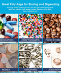Collage showcasing 1.5 By 1.5 Inch Clear Plastic Reclosable Zip Bags 2 Mil Thick Pack Of 100 for various uses like medication and jewelry.
