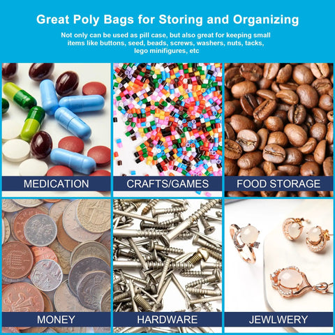 Collage showcasing 1.5 By 1.5 Inch Clear Plastic Reclosable Zip Bags 2 Mil Thick Pack Of 100 for various uses like medication and jewelry.