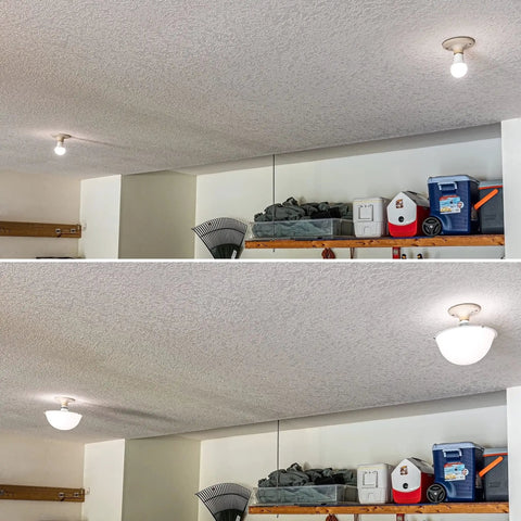 Clip On Ceiling Light Cover That Hides Exposed Bulbs In Seconds Easy No Fuss Fixture Shield For Most Light Fixtures Sleek Modern Look And Quick Tool Free Install 1 Pack showing before and after installation in a room.