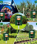 Collage of Solar Ultrasonic Animal Repeller With Five Frequency Modes, Motion Sensor, And Strobe Light in garden, farm, and camping settings