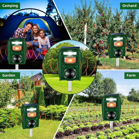 Collage of Solar Ultrasonic Animal Repeller With Five Frequency Modes, Motion Sensor, And Strobe Light in garden, farm, and camping settings