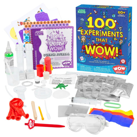 100 Jaw Dropping Science Experiments Kit With Over 60 Tools And Materials For Chemistry Physics Biology And Earth Science Projects Includes Science Journal Hands On Fun For Kids Ages 6 And Up with box, tools, and journal.