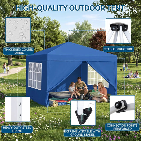 10x10 Auto Pop Up Canopy Tent With Weatherproof Sidewalls Instant Waterproof Sun Shade Gazebo in a park setting with family.
