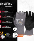 MaxiFlex Endurance knit work glove with micro foam nitrile coating, gray, small size, abrasion-resistant, black palm display.