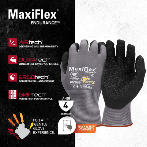 MaxiFlex Endurance knit work glove with micro foam nitrile coating, gray, small size, abrasion-resistant, black palm display.