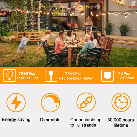 150 FT Outdoor String Lights IP65 Waterproof Patio Lights With 76 ST38 LEDs, 3 Spare Bulbs illuminating outdoor dinner