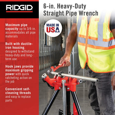 Worker using Heavy Duty 6 Inch Straight Pipe Wrench For Plumbing Projects With Serrated Steel Jaw And Cast Iron Handle Red Finish